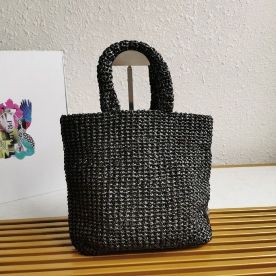 Perfette Qualità Repliche Borsa tote piccola Prada all'uncinetto in filato effetto rafia nero Imitazione