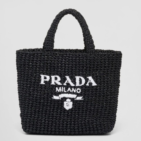 Perfette Qualità Repliche Borsa tote piccola Prada all'uncinetto in filato effetto rafia nero Imitazione