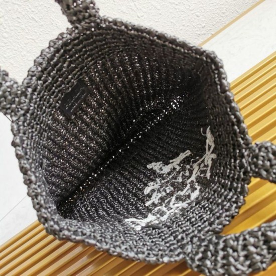 Perfette Qualità Repliche Borsa tote piccola Prada all'uncinetto in filato effetto rafia nero Imitazione
