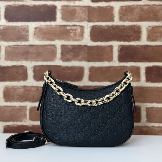 Migliore Repliche Gucci 815409 GG Emblem borsa a tracolla piccola mezzaluna Nero Economiche Outlet Online