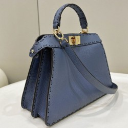 Miglior Falso Borsa Fendi Peekaboo ISeeU Piccola Selleria con 556 impunture cucite a mano Blu Economiche Premium