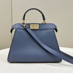 Miglior Falso Borsa Fendi Peekaboo ISeeU Piccola Selleria con 556 impunture cucite a mano Blu Economiche Premium