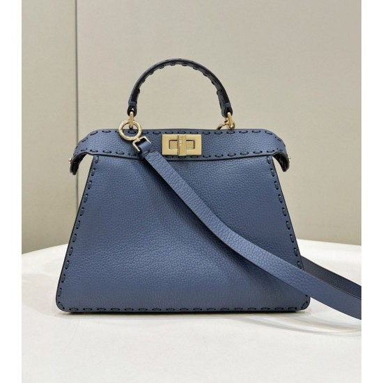 Miglior Falso Borsa Fendi Peekaboo ISeeU Piccola Selleria con 556 impunture cucite a mano Blu Economiche Premium