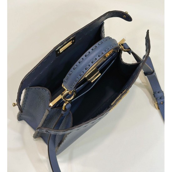 Miglior Falso Borsa Fendi Peekaboo ISeeU Piccola Selleria con 556 impunture cucite a mano Blu Economiche Premium