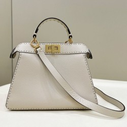 Miglior Falso Borsa Fendi Peekaboo ISeeU Piccola Selleria con 556 impunture cucite a mano Beige Economiche Premium