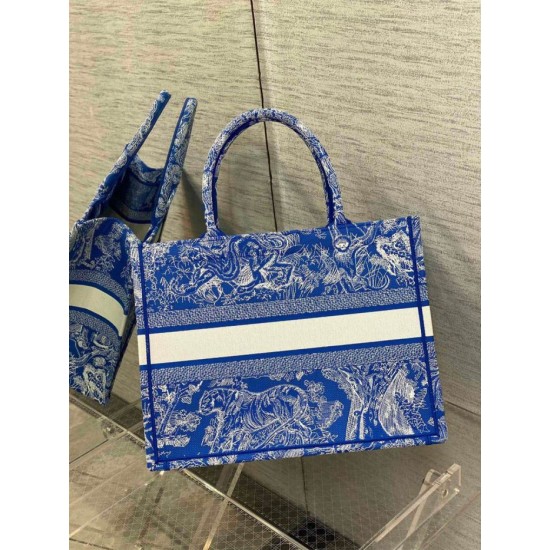 Perfette Qualità Repliche Dior Book Tote Bag Media Ricamo Toile de Jouy Reverse Blu Imitazione