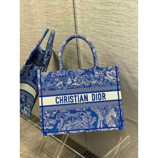 Perfette Qualità Repliche Dior Book Tote Bag Media Ricamo Toile de Jouy Reverse Blu Imitazione