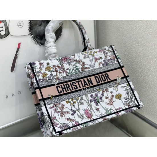 Perfette Qualità Repliche Dior Medium Book Tote Bag Ricamo Toile de Jouy Fiore Bianco/Blu Imitazione
