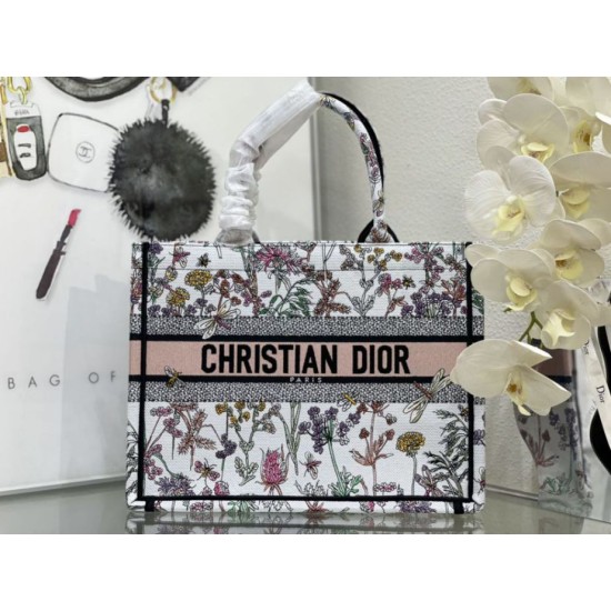 Perfette Qualità Repliche Dior Medium Book Tote Bag Ricamo Toile de Jouy Fiore Bianco/Blu Imitazione