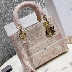 Migliore Repliche Dior Media Borsa Lady D-Lite Ricamo Toile de Jouy Rosa Economiche Outlet Online