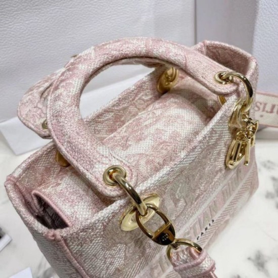 Migliore Repliche Dior Media Borsa Lady D-Lite Ricamo Toile de Jouy Rosa Economiche Outlet Online