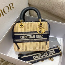 Replica perfetta Dior Borsa Lady Dior Media Wicker e Jacquard Obliquo Blu Imitazione Outlet Online