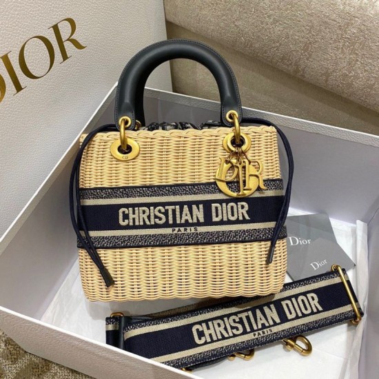 Replica perfetta Dior Borsa Lady Dior Media Wicker e Jacquard Obliquo Blu Imitazione Outlet Online