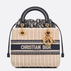 Replica perfetta Dior Borsa Lady Dior Media Wicker e Jacquard Obliquo Blu Imitazione Outlet Online
