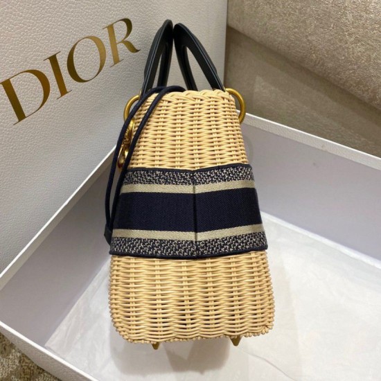 Replica perfetta Dior Borsa Lady Dior Media Wicker e Jacquard Obliquo Blu Imitazione Outlet Online