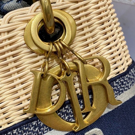 Replica perfetta Dior Borsa Lady Dior Media Wicker e Jacquard Obliquo Blu Imitazione Outlet Online