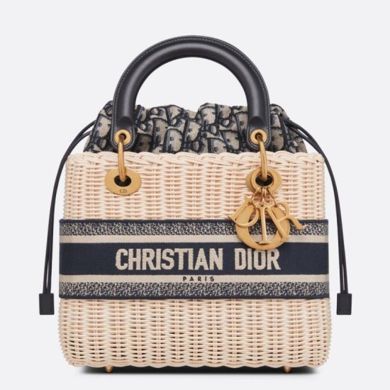 Replica perfetta Dior Borsa Lady Dior Media Wicker e Jacquard Obliquo Blu Imitazione Outlet Online
