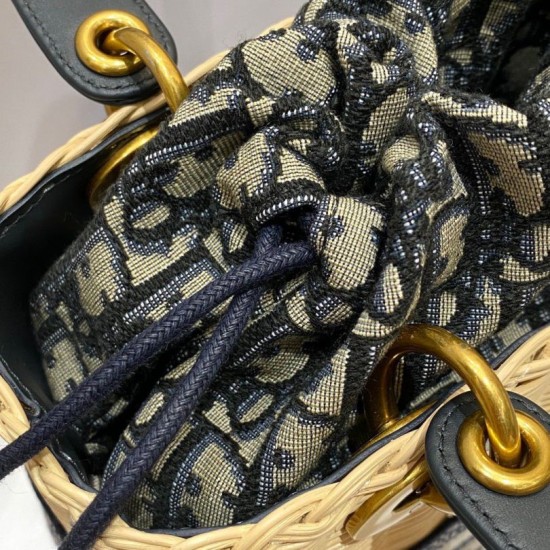 Replica perfetta Dior Borsa Lady Dior Media Wicker e Jacquard Obliquo Blu Imitazione Outlet Online