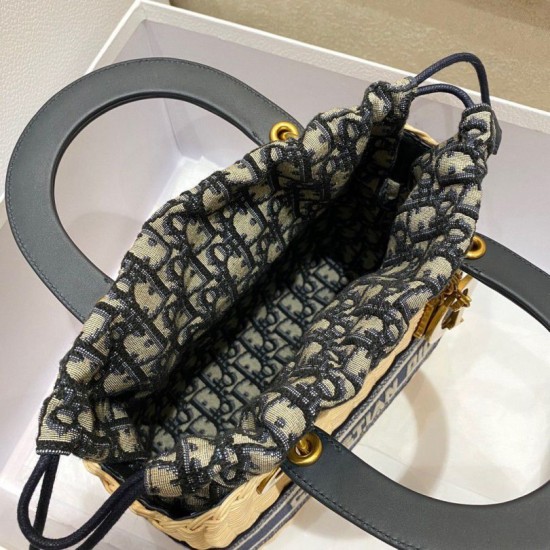 Replica perfetta Dior Borsa Lady Dior Media Wicker e Jacquard Obliquo Blu Imitazione Outlet Online