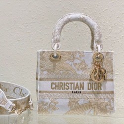 Perfette Qualità Repliche Dior Media Borsa Lady D-Lite Ricamo Jardin d'Hiver Oro Imitazione