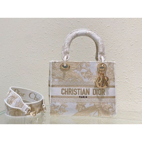 Perfette Qualità Repliche Dior Media Borsa Lady D-Lite Ricamo Jardin d'Hiver Oro Imitazione
