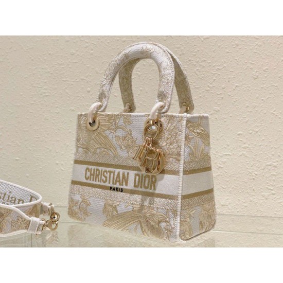 Perfette Qualità Repliche Dior Media Borsa Lady D-Lite Ricamo Jardin d'Hiver Oro Imitazione