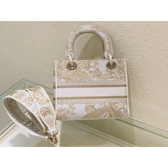Perfette Qualità Repliche Dior Media Borsa Lady D-Lite Ricamo Jardin d'Hiver Oro Imitazione