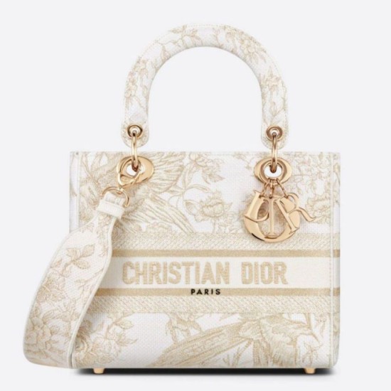 Perfette Qualità Repliche Dior Media Borsa Lady D-Lite Ricamo Jardin d'Hiver Oro Imitazione