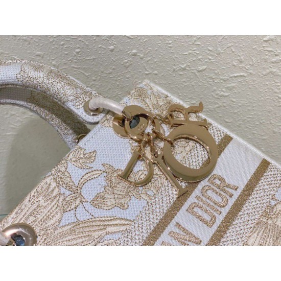 Perfette Qualità Repliche Dior Media Borsa Lady D-Lite Ricamo Jardin d'Hiver Oro Imitazione