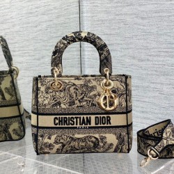Perfette Qualità Repliche Dior Media Borsa Lady D-Lite Ricamo Toile de Jouy Marrone Imitazione