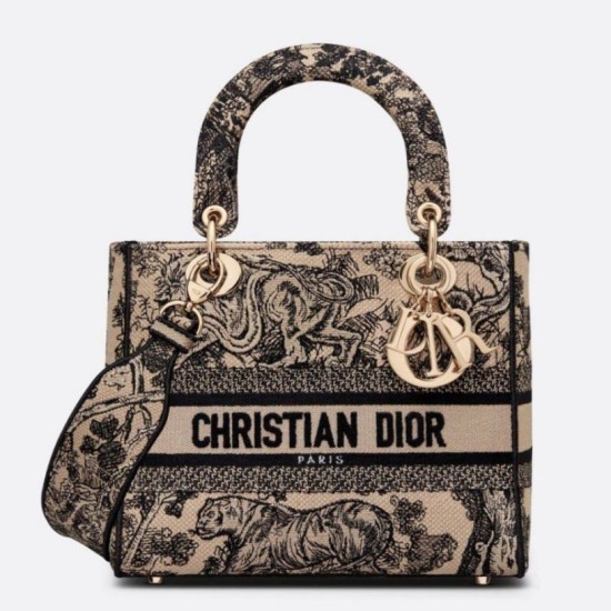 Perfette Qualità Repliche Dior Media Borsa Lady D-Lite Ricamo Toile de Jouy Marrone Imitazione