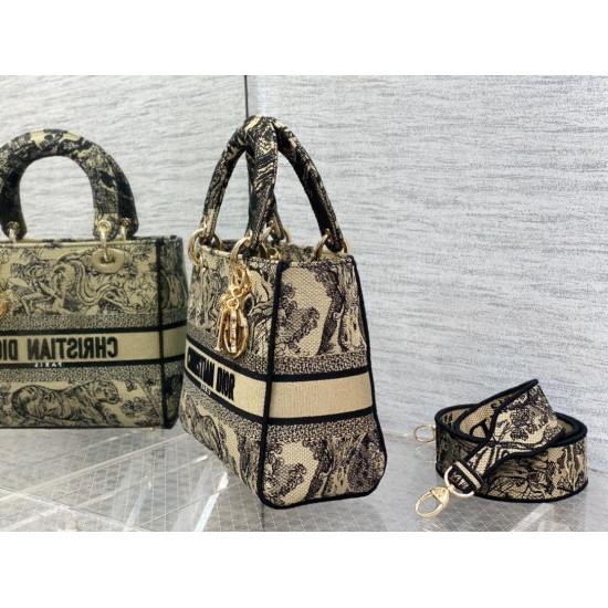 Perfette Qualità Repliche Dior Media Borsa Lady D-Lite Ricamo Toile de Jouy Marrone Imitazione