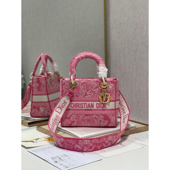 Migliore Repliche Dior Borsa Lady D-Lite Media Toile de Jouy Ricamo Rovescio Rosa Economiche Outlet Online