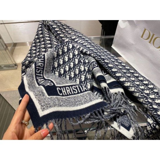 Migliore Repliche Dior Oblique Coperta Lana e Angora Blu Navy Economiche Outlet Online