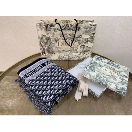 Migliore Repliche Dior Oblique Coperta Lana e Angora Blu Navy Economiche Outlet Online