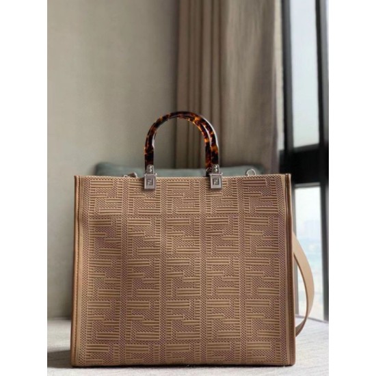 Migliore Repliche Borsa shopper media Sunshine Fendi Tessuto FF Beige Economiche Outlet Online