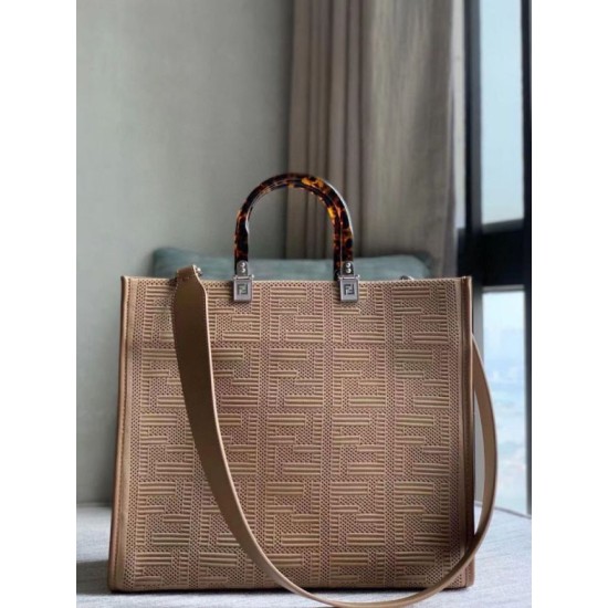 Migliore Repliche Borsa shopper media Sunshine Fendi Tessuto FF Beige Economiche Outlet Online