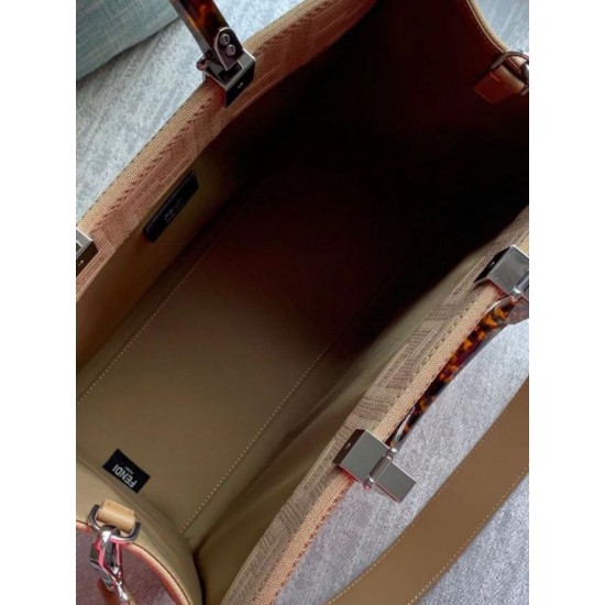 Migliore Repliche Borsa shopper media Sunshine Fendi Tessuto FF Beige Economiche Outlet Online
