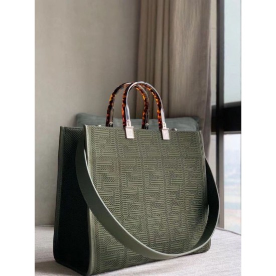 Replica perfetta Borsa shopper media Sunshine Fendi Tessuto FF Verde Imitazione Outlet Online