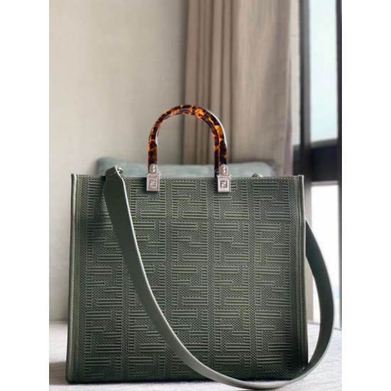 Replica perfetta Borsa shopper media Sunshine Fendi Tessuto FF Verde Imitazione Outlet Online