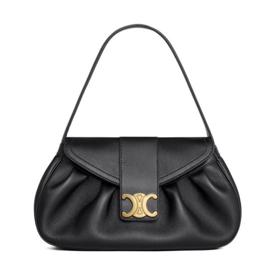 Migliore Repliche Celine Borsa Polly media Pelle di vitello morbida nera Economiche Outlet Online