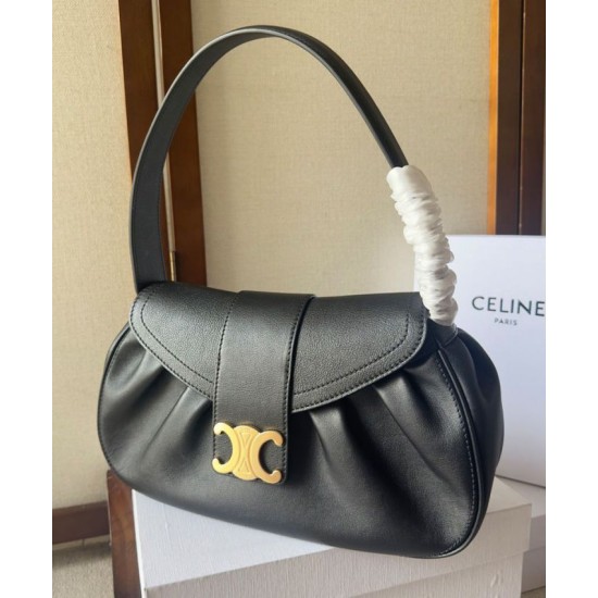 Migliore Repliche Celine Borsa Polly media Pelle di vitello morbida nera Economiche Outlet Online