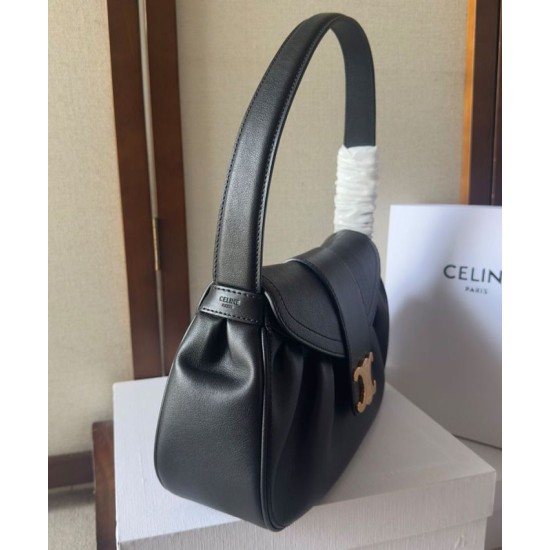 Migliore Repliche Celine Borsa Polly media Pelle di vitello morbida nera Economiche Outlet Online