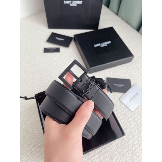 Replica perfetta Cintura YSL Saint Laurent Cassandre Square Buckle 30MM Tutto Nero Imitazione Outlet Online