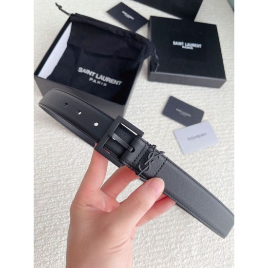 Replica perfetta Cintura YSL Saint Laurent Cassandre Square Buckle 30MM Tutto Nero Imitazione Outlet Online
