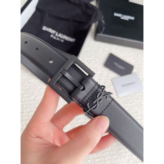 Replica perfetta Cintura YSL Saint Laurent Cassandre Square Buckle 30MM Tutto Nero Imitazione Outlet Online