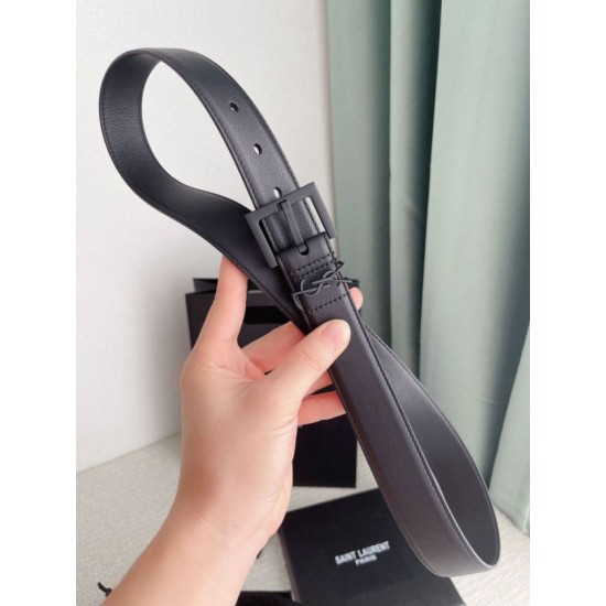 Replica perfetta Cintura YSL Saint Laurent Cassandre Square Buckle 30MM Tutto Nero Imitazione Outlet Online
