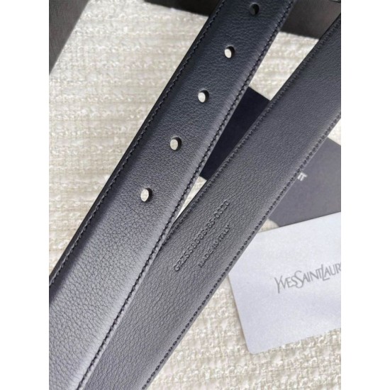 Replica perfetta Cintura YSL Saint Laurent Cassandre Square Buckle 30MM Tutto Nero Imitazione Outlet Online