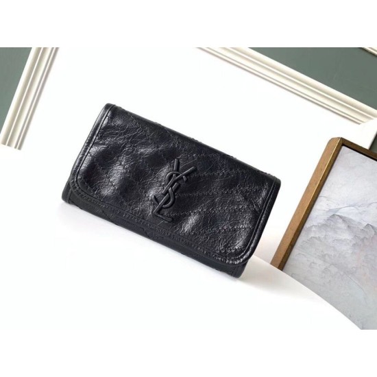 Replica perfetta Portafoglio grande Niki YSL Saint Laurent Crinkled Vintage Nero Imitazione Outlet Online