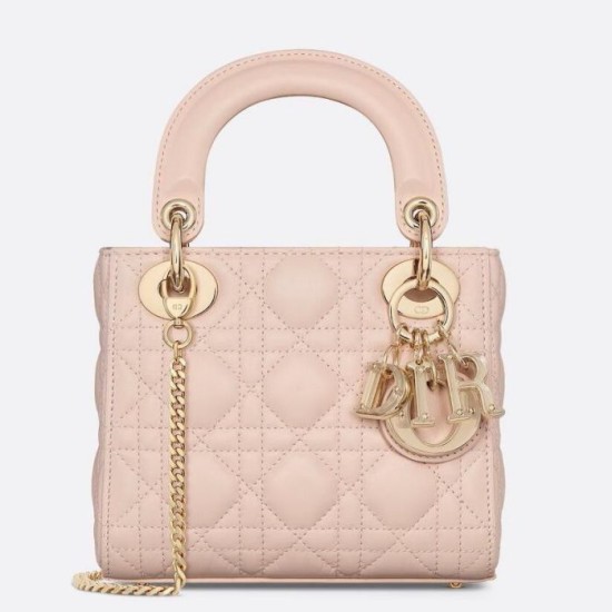 Replica Borsa Dior Lady Dior Mini con Catena e Charms in Resina Rosa Imitazioni Falso